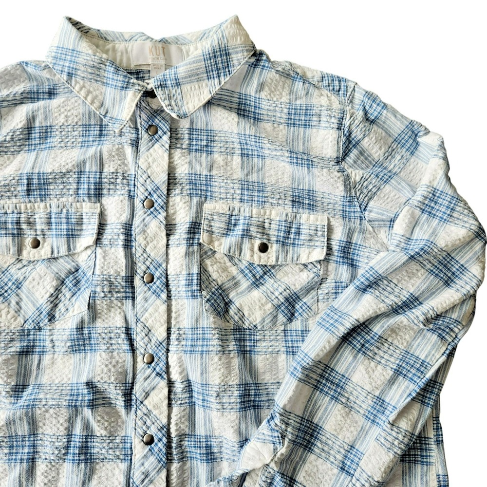 KUT from the Kloth Blue White Plaid Snap Front Roll Tab Sleeve Shirt Large